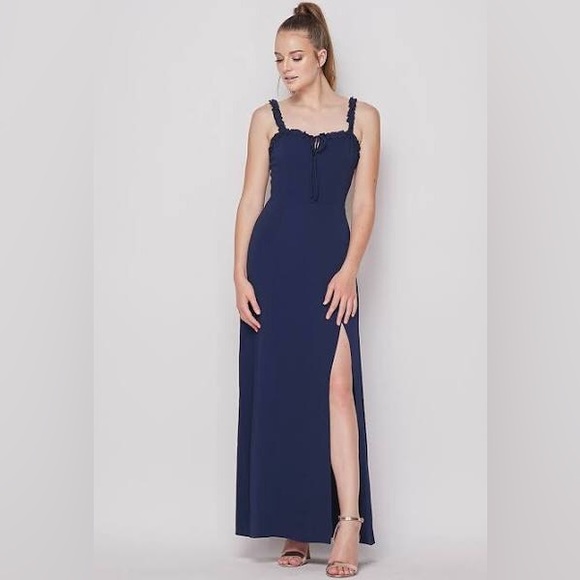 AQUA FORMAL Womens Navy Ruched Lined Slitted Self Tie Open Back Zippe Spaghetti Strap V Neck Full-Length Evening Sheath Dress main image 0
